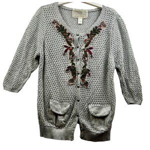 Anthropologie Nick & Mo Cottagecore Boho Embroidered Open Knit Gray Cardigan L